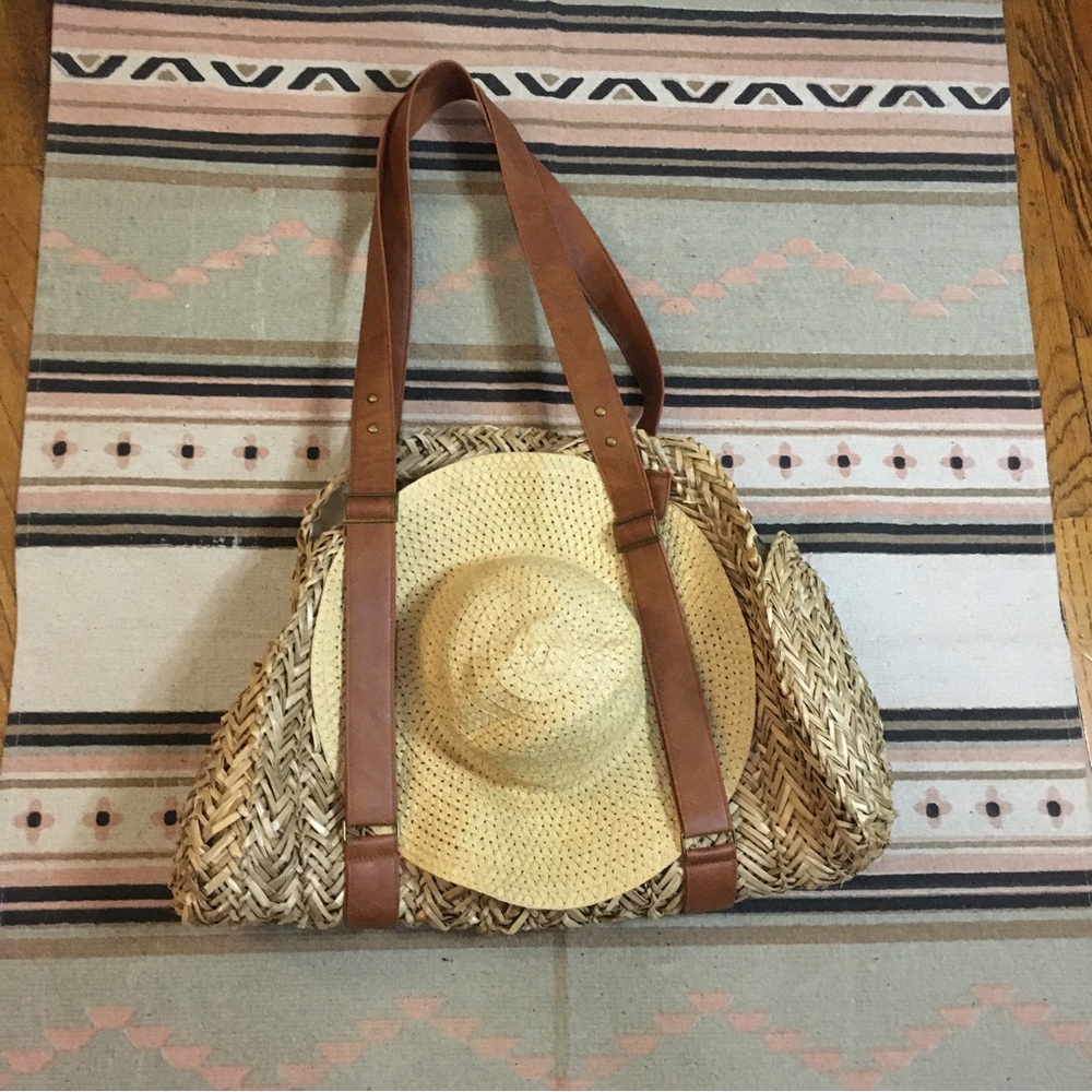 Bay Sky Large woven & faux leather double shoulder strap bag